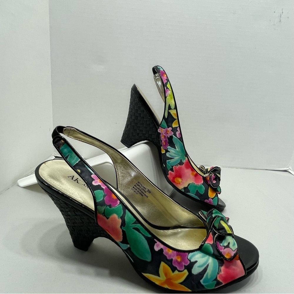 Anne Klein Women's Floral Wedge Sandals - Black Multi size 9. Gently worn.